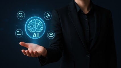 Person in black outfit holds glowing ai orb with brain and circuit lines, icons around show data and tech, dark clean space reflects innovation, smart technology, ai interface