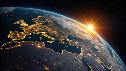 Obraz premium Sunrise over the illuminated continent of europe and africa as seen from space