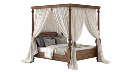 Canopy bed with plush bedding and soft curtains, isolated on a white background.