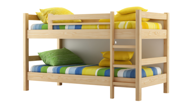 Bunk bed with colorful pillows, perfect for children's rooms, cozy and space-saving design.