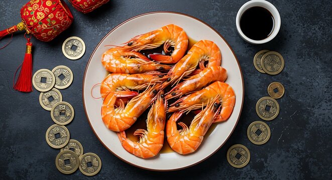 Top view of delicious shrimp soaked in Chinese wine named drunken shrimp for lunar new year's dishes. The words on the coins are the Dynasty name it made.