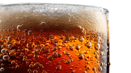 Close-up of a refreshing glass of soda with bubbles and foam, isolated on a white background.
