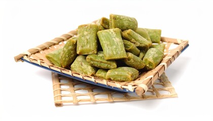 Green crispy snacks in a woven basket