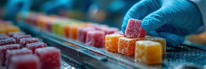 Candy production process in a factory with colorful gummy sweets on a conveyor belt