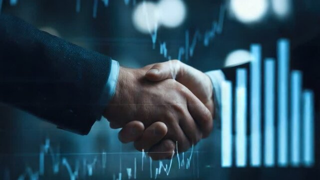 Business Handshake: A close-up shot captures the moment of a business handshake against the backdrop of stock market charts and graphs, symbolizing agreement, collaboration.