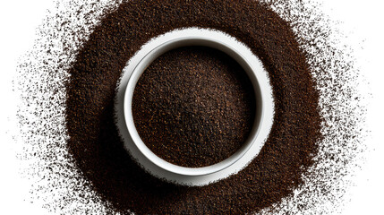 Coffee grounds in a white bowl, surrounded by a mound of coffee powder on a white background.