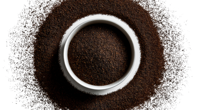 Coffee grounds in a white bowl, surrounded by a mound of coffee powder on a white background.