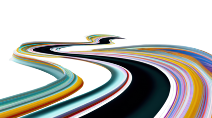 Colorful abstract curving road design on a black background.