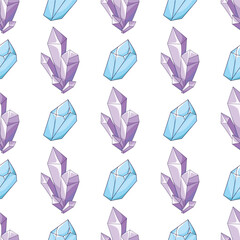 Pattern with crystals of blue and purple color. reflecting light, transparent amethysts, quartzes, ice.