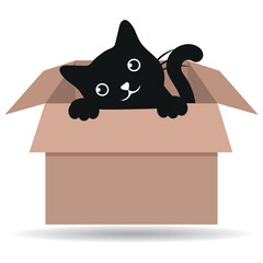 Illustration of cute black cat in cardboard box on white background