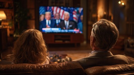 A couple watches a political debate on a television in a cozy, warmly lit living room.