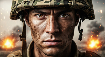 Gritty close-up of soldier with explosion background in war zone