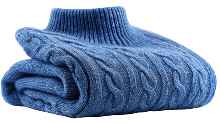 Cozy blue knitted sweater folded neatly on a white background.