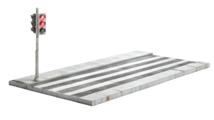 Crosswalk with a traffic light, isolated on a white background.