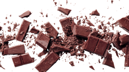 Crushed chocolate pieces with scattered shavings on a transparent background.
