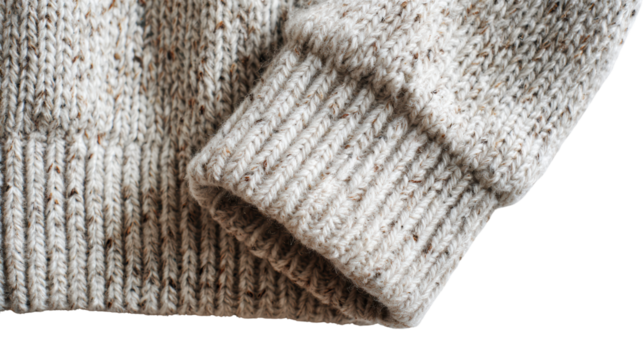 Cozy knit sweater detail, showcasing textured fabric and cuff, perfect for fall fashion shoots.
