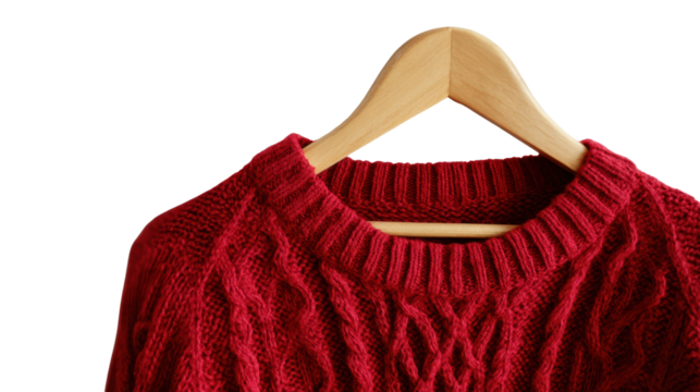 Cozy red sweater on a wooden hanger against a white background.