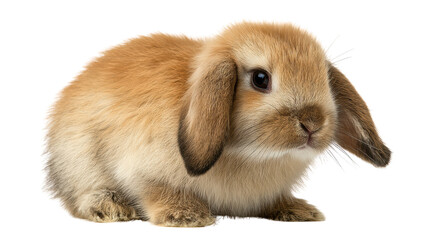 Cute brown rabbit sitting gracefully, white isolated background.