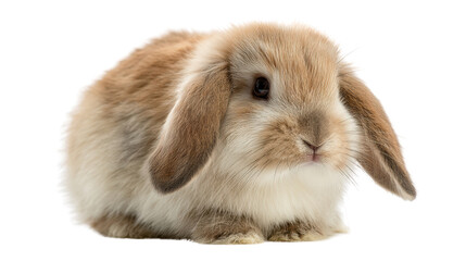 Cute bunny with floppy ears sitting peacefully on a white isolated background.