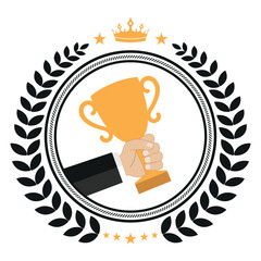 Illustration of winner cup with laurel wreath in champion hand on white background.