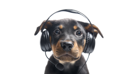 Cute dog wearing headphones, ready for a virtual meeting.