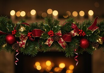 Luxurious Christmas decoration background. A classic evergreen garland with red ornaments, pinecones, and elegant ribbons, with soft bokeh lights.