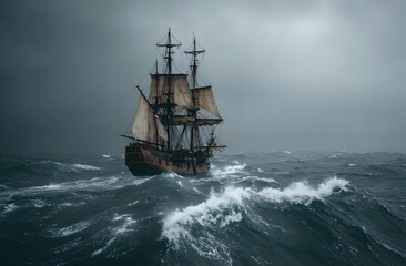 Pirate ship navigating stormy seas under dark skies. Historic sailing vessel on turbulent ocean waves. Maritime adventure, nautical travel, seafaring exploration during storm weather.