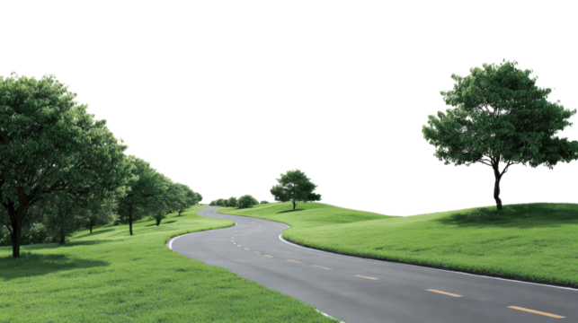 Curving road through lush green fields and trees, ideal for travel and nature themes, white isolate background.