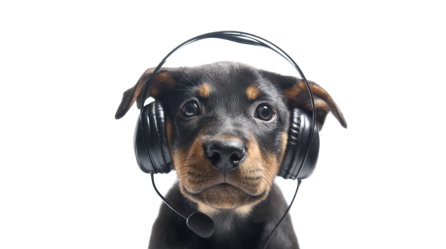 Cute dog wearing headphones, ready for a virtual meeting.