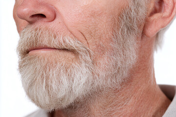 Fototapeta premium Close up of elderly man with rough leathery sun damaged skin and white beard showing detailed wrinkles and facial hair texture in natural light