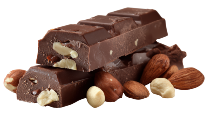 Delicious chocolate bars with nuts on a white isolated background.