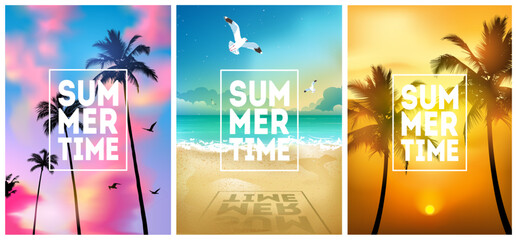 Summer tropical beach backgrounds set with palms, sea beach, sky sunrise and sunset. Summer placard poster flyer invitation card. Summertime, perfect t shirt print.
