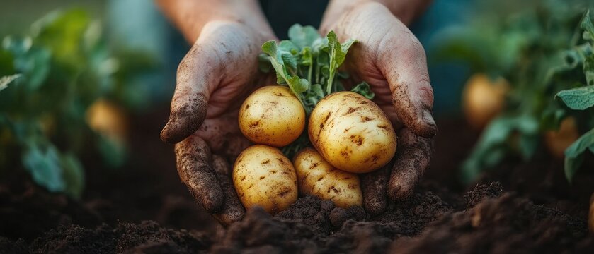Freshly harvested potatoes held in hands, nestled in rich soil.