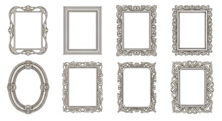 Ornate silver frames collection with intricate floral and scrollwork designs on a white background