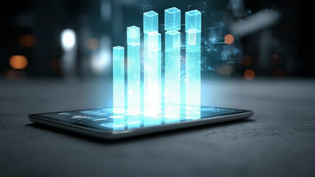 Projected data bars emerge from a tablet displaying info, technology futuristic, modern