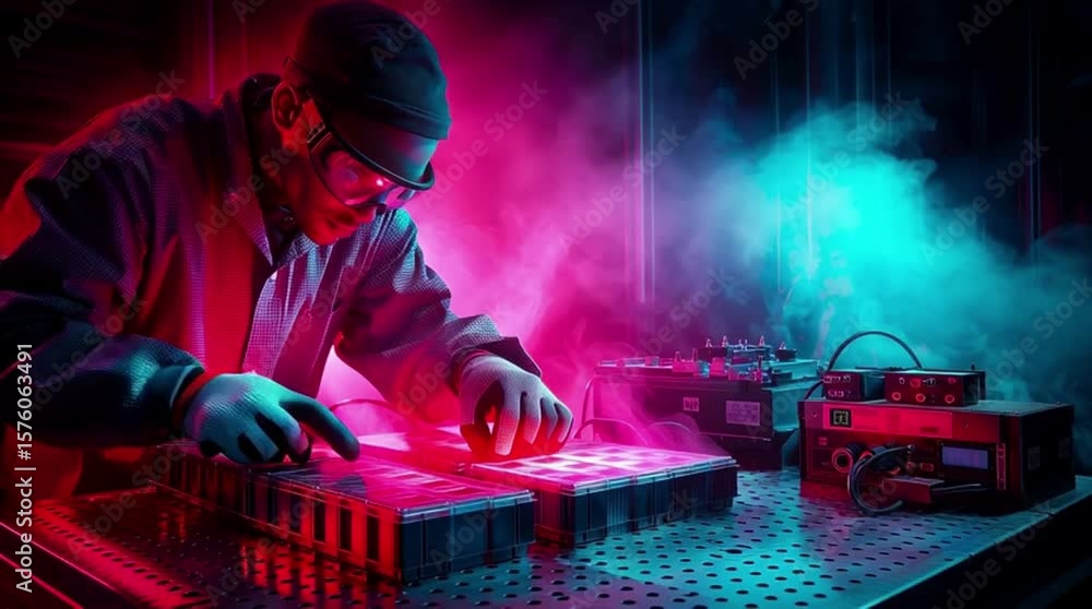 Poster scientist meticulously calibrating and testing complex electronic equipment in a modern laboratory e