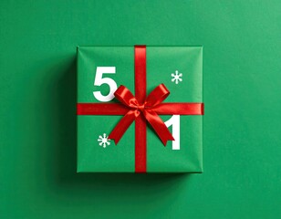 Green gift box with red ribbon and numbers