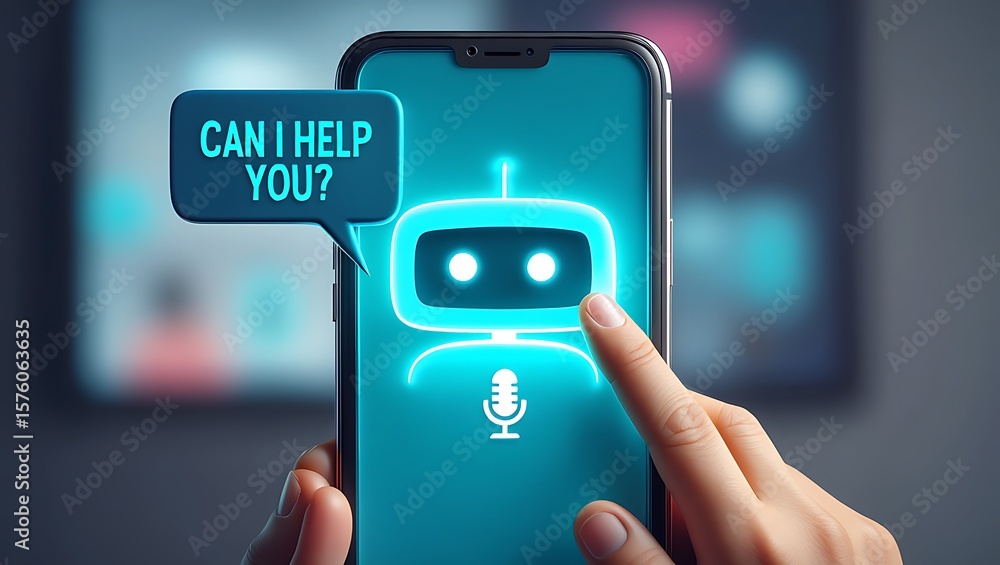 Poster virtual assistant on smartphone, can i help you? , artificial intelligence chatbot on mobile device,