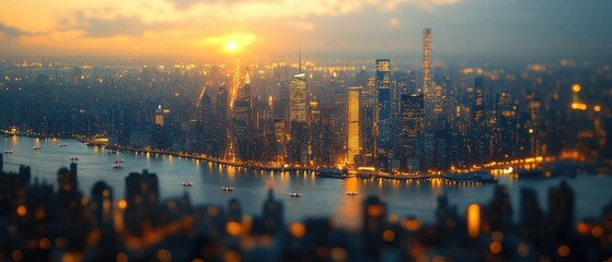 Obraz premium Panoramic cityscape view at sunrise over a city river.