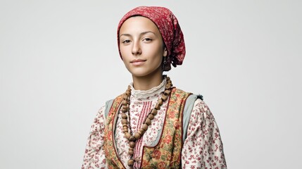 Confident Woman in Italian Folk Attire with Wooden Beads and Red Headscarf on Clean Studio Background