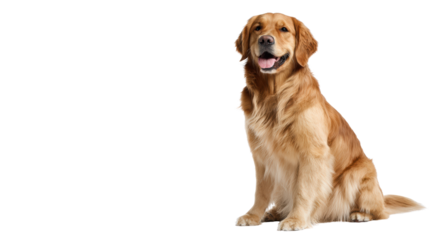 Golden retriever sitting happily against a white isolated background.