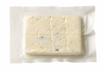 Vacuum packed feta cheese block isolated on a transparent background dairy food