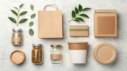 Sustainable and recyclable ecofriendly packaging materials arranged in a flat lay for branding and design