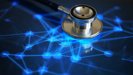 High Tech Medicine and Healthcare Connection Concept, Stethoscope on Digital Network Background