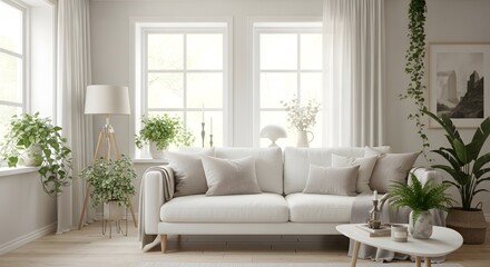 Cozy Modern Living Room Interior with White Sofa Green Plants Natural Light and Minimalist Home Decor Design