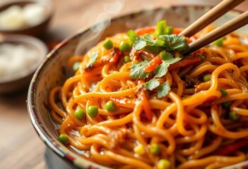 Steaming bowl of homemade lo mein noodles, close-up,   cooking,   culinary