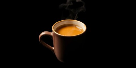 Steaming coffee in a ceramic mug against a stark black backdrop,  mug,  minimal