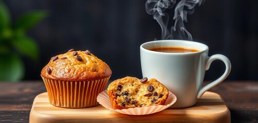 Steaming coffee in a cup beside a delicious muffin, crumb, dark