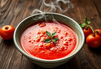 Steaming bowl of vibrant red tomato soup, rustic wooden table,  culinary, tomato soup