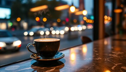 Steaming latte art on cafe counter, city lights blurring in evening window,  closeup,  barista